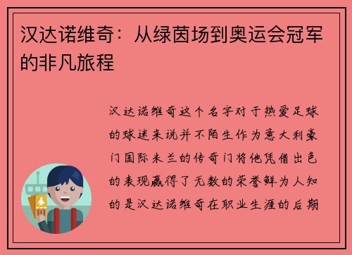 汉达诺维奇：从绿茵场到奥运会冠军的非凡旅程