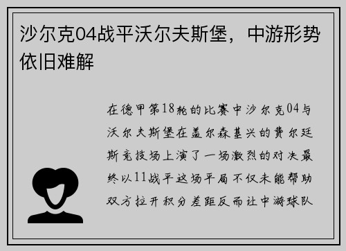 沙尔克04战平沃尔夫斯堡，中游形势依旧难解